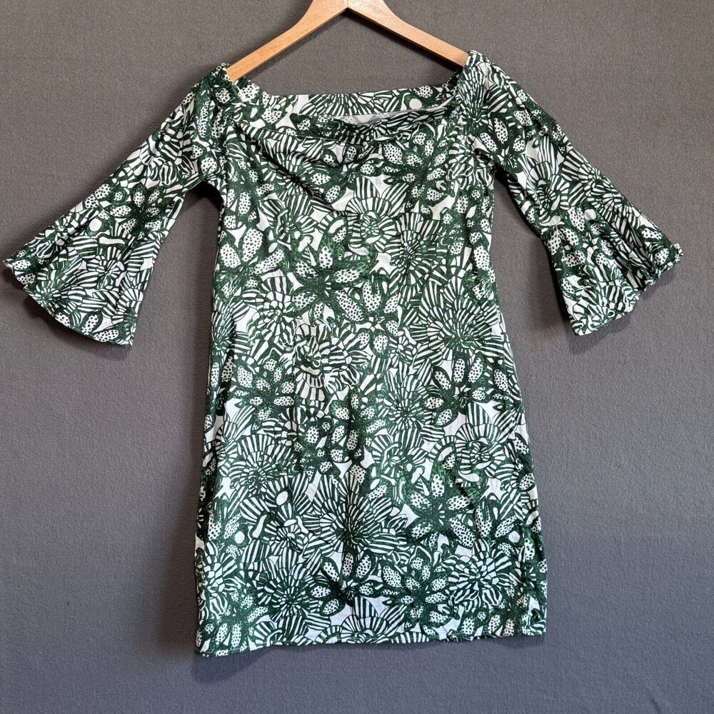 H&M Green & White Floral Off the Shoulder Bell Sleeve Cotton Dress Size 6